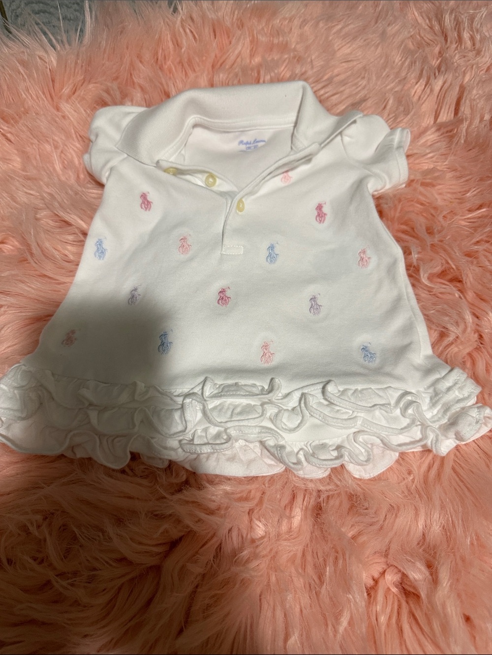 Ralph Lauren White Ruffle Polo Top with Pastel Embroidery